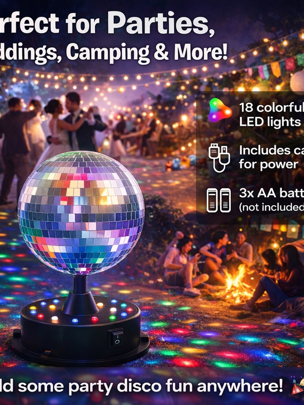 Multicolor Disco Mirror Ball Party Light - Portable LED Dance Lamp